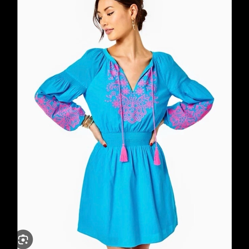 NWT Lilly Pulitzer Turquoise Dress with Pink Embroidery